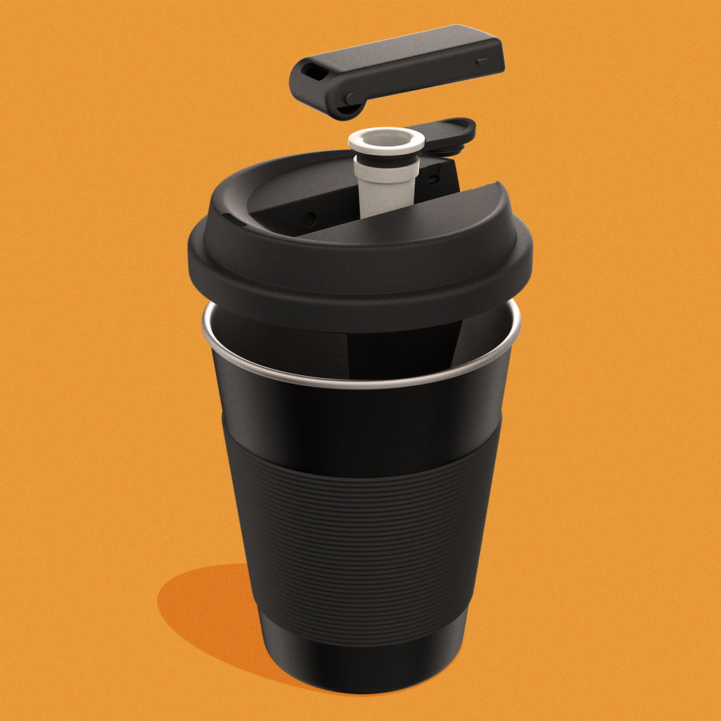 Flat black essential "To Go" Cup on orange background (All pieces separated)