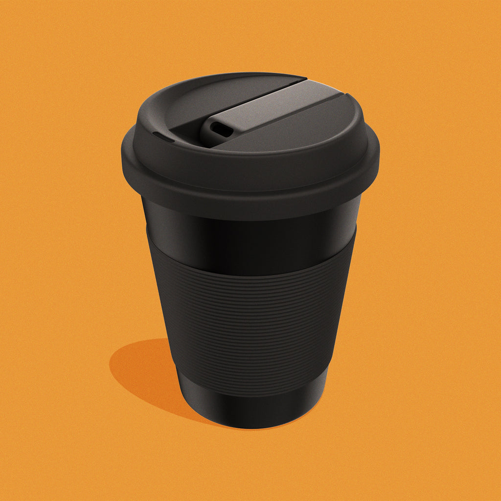 Flat black essential "To Go" Cup on orange background